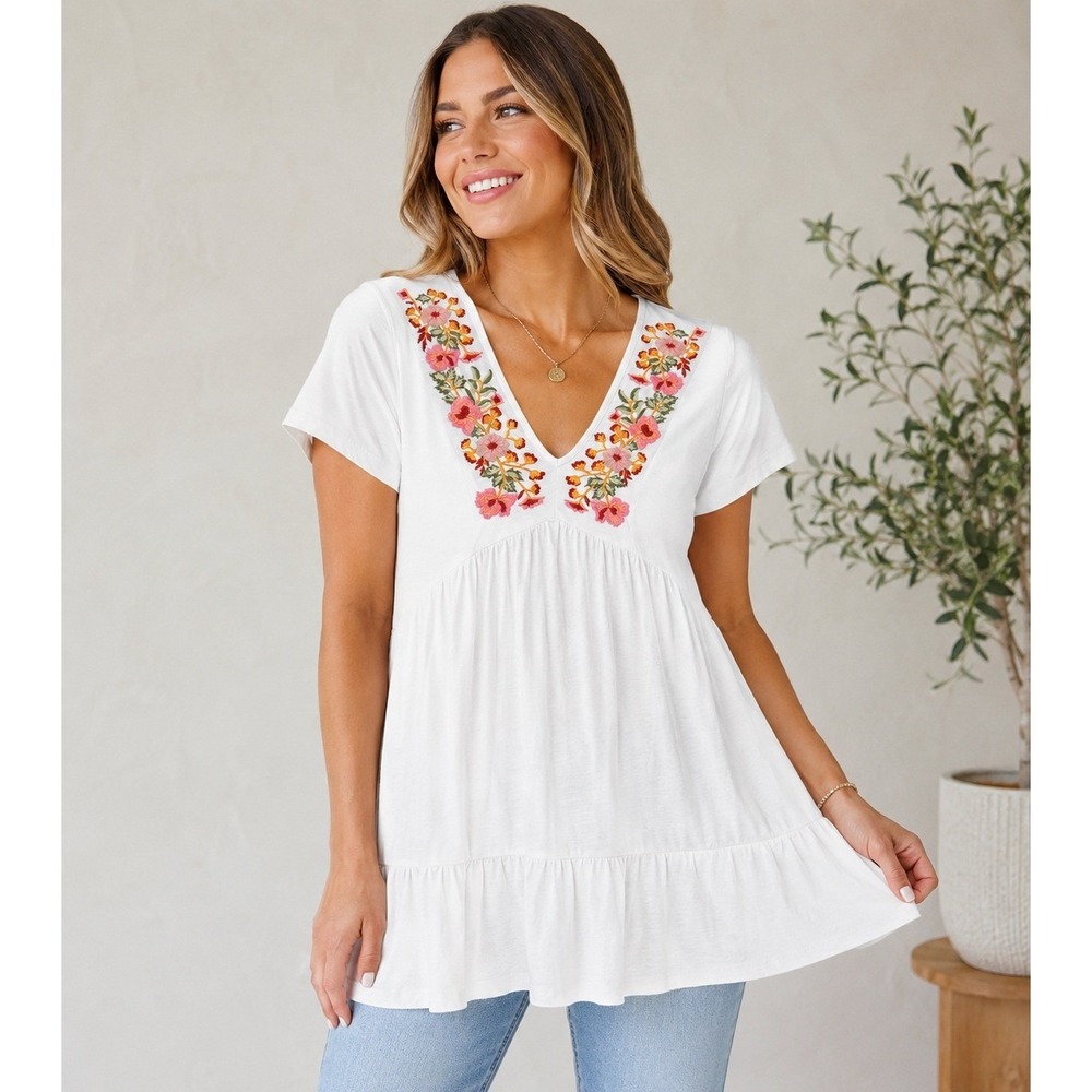 Keep In Touch Babydoll Top Womens Medium White Floral Embroidered Boho Ruffle